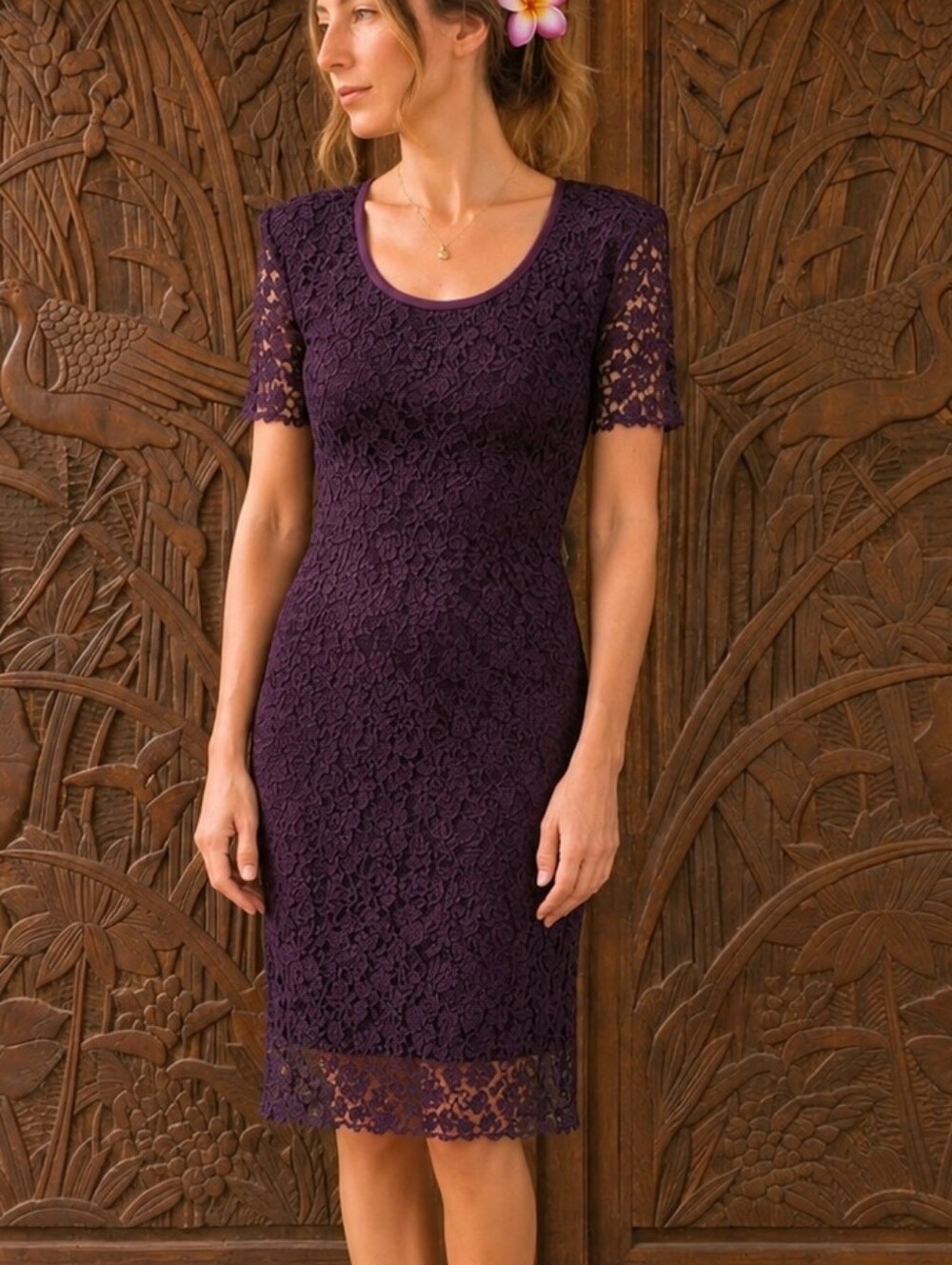 Vintage 90s Plum Floral Lace Sheath Dress Made USA Knee Length Sz 6 Modern XS-S